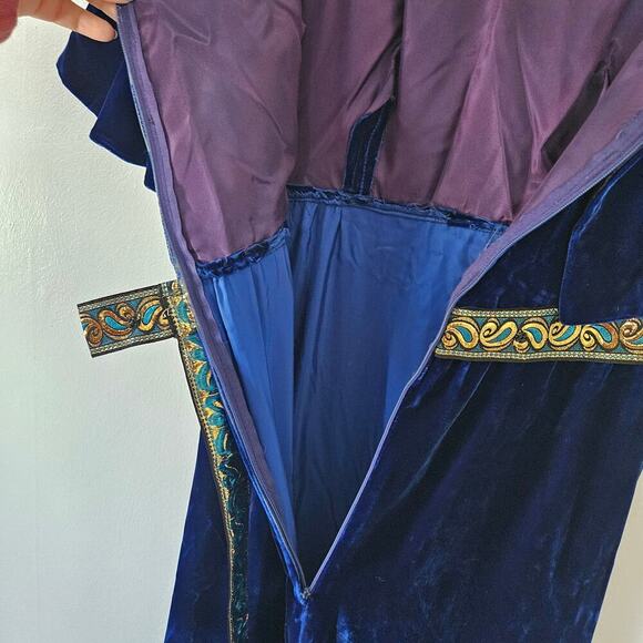 Vintage 60s 70s Blue Velvet Cape‎ Sleeve Maxi Dress Ribbon Back Sz 7 2/4 Costume - Picture 8 of 10